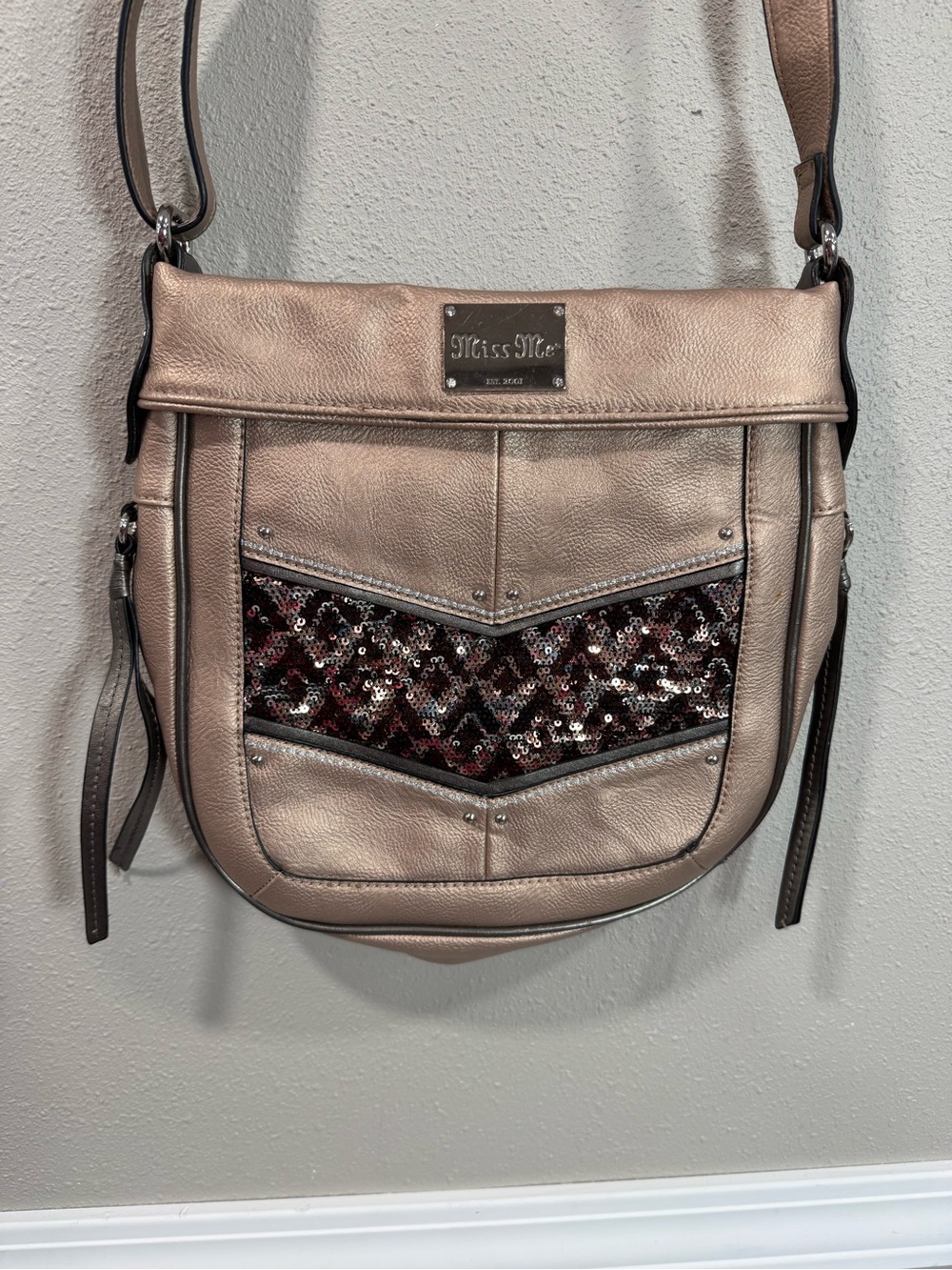 Miss Me Beige Crossbody Shoulder Bag with Embellished Front Panel